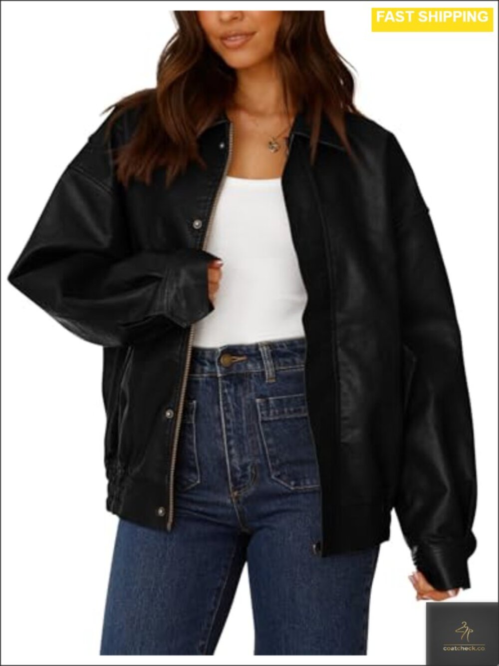 Faux Leather Motorcycle Jacket Zip Up Oversized Biker Coat